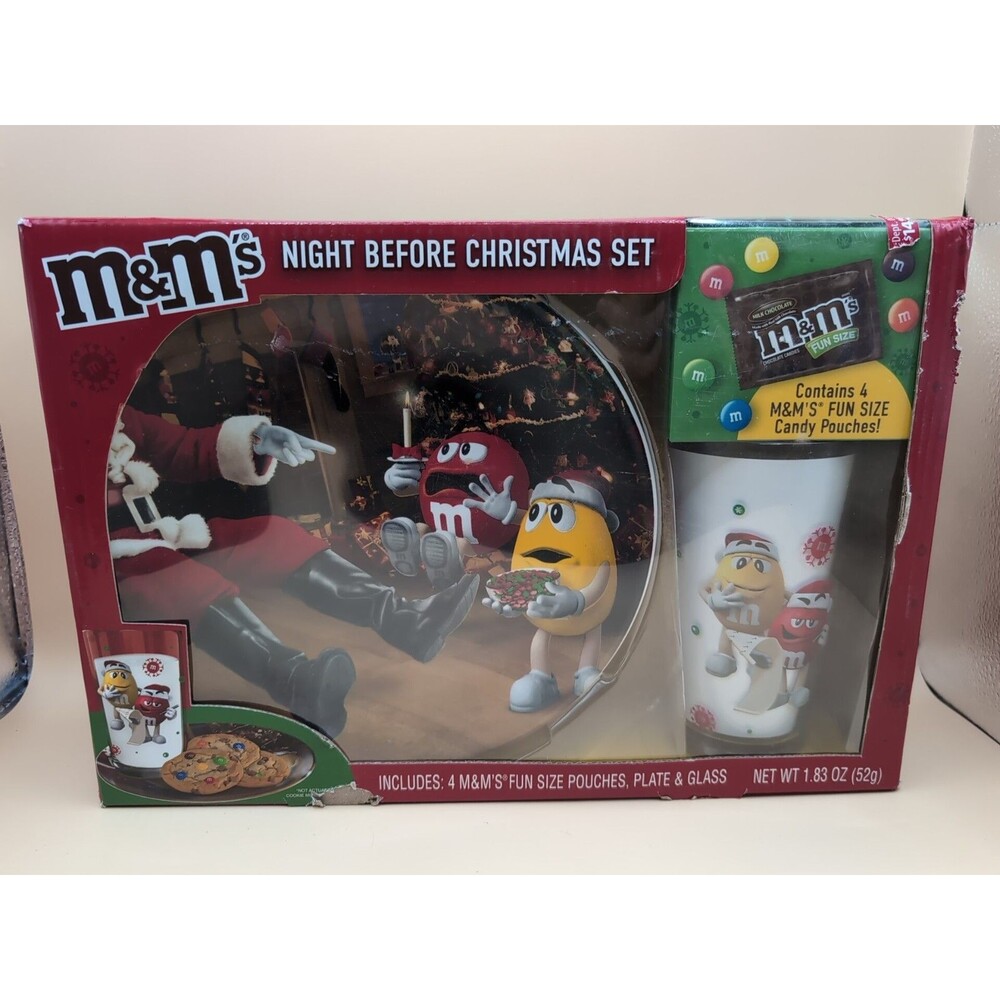 M&M's Night Before Christmas Eve Gift Set Cookie Plate & Glass Santa Clause. New